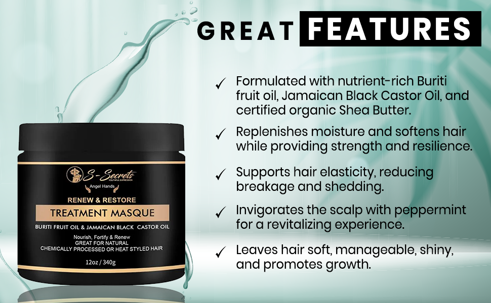 Buriti Fruit Oil and Jamaican Black Castor Oil Hair Masque, Essentials oils & Aloe Leave Juice Deep Treatment, Miracle Repair For Dry, Damaged, Frizzy Hair, 12 oz