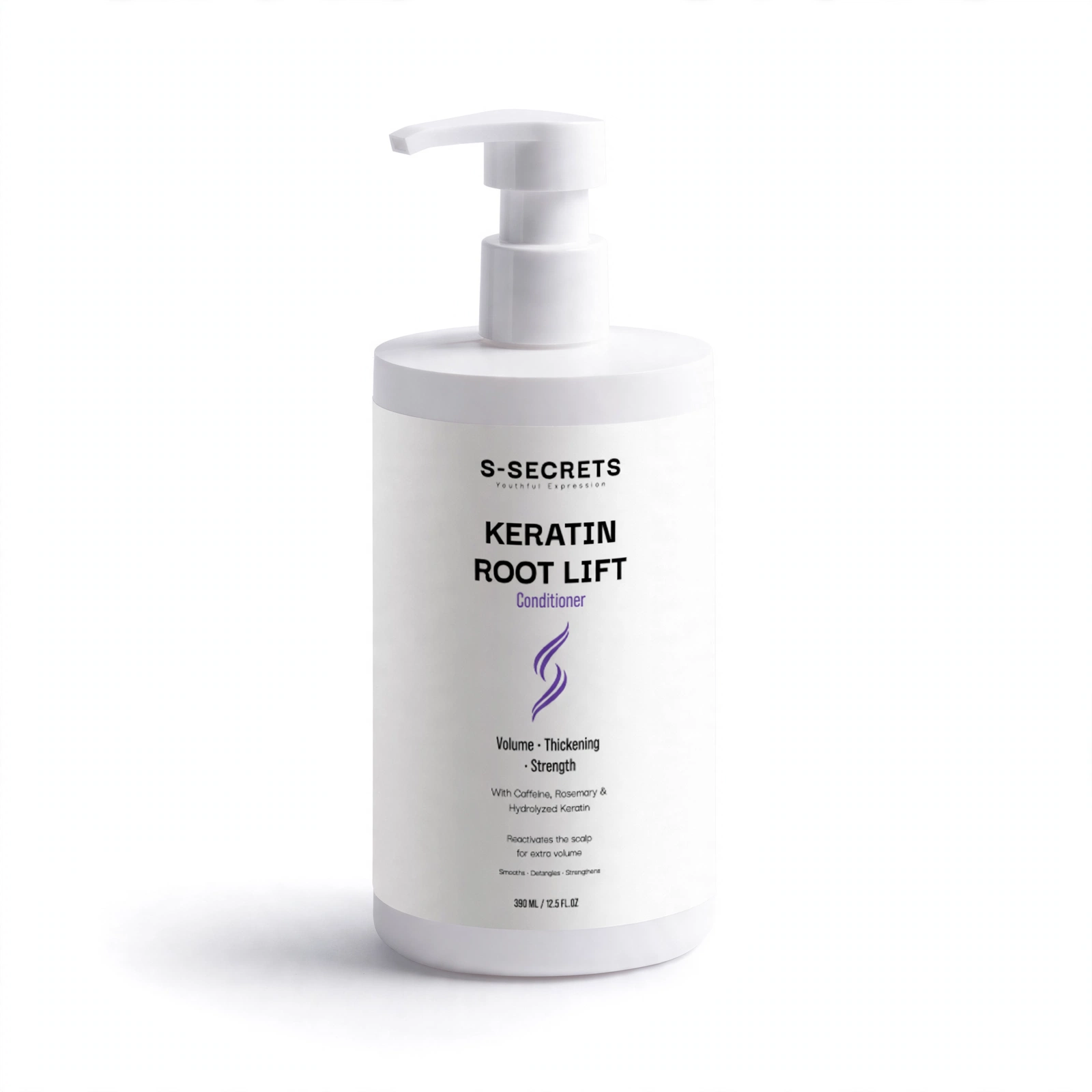 S-Secrets Keratin Root Lift Conditioner bottle front on white, 390 ml pump bottle with caffeine, rosemary and hydrolyzed keratin for volume, thickening and strength. Smooths, detangles and strengthens.
