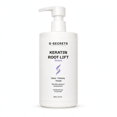 S-Secrets Keratin Root Lift Shampoo bottle front on white, 390 ml pump bottle with caffeine, rosemary and hydrolyzed keratin for volume, thickening and strength