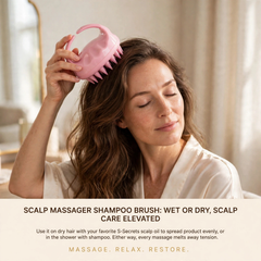 Woman massaging her scalp on dry hair at a vanity with the S-Secrets Scalp Massager Shampoo Brush
