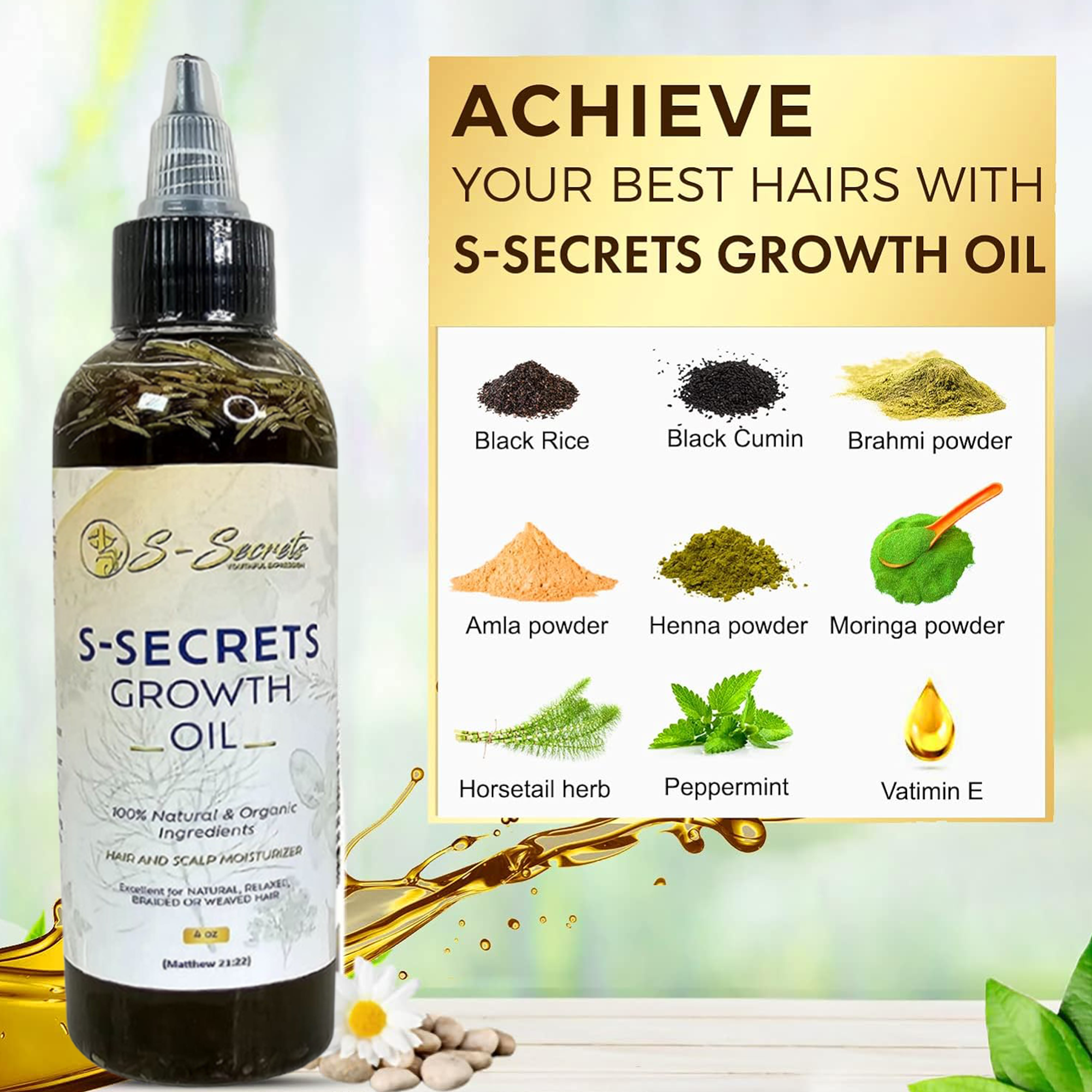 S-Secrets Hair Growth Oil 4oz, Herbs, Biotin, essential oils For All Hair Types