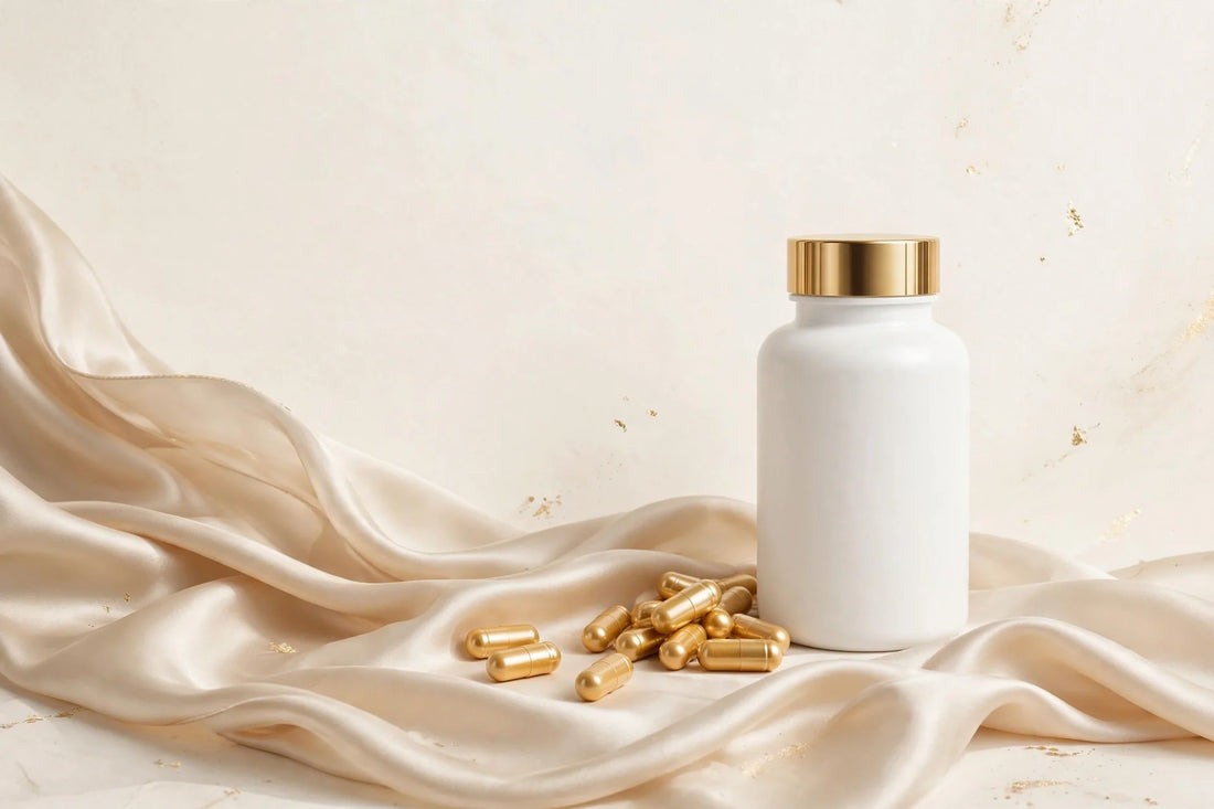 White supplement bottle with gold cap beside golden biotin capsules on champagne silk