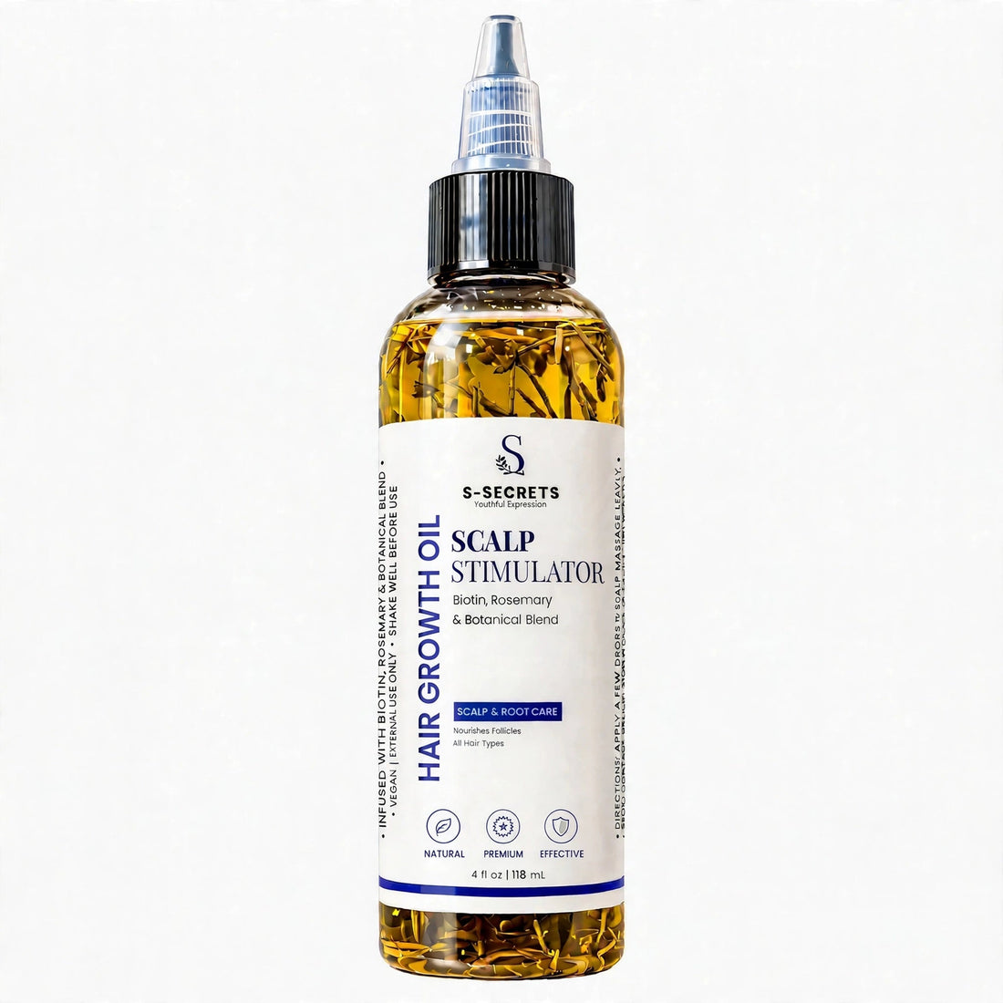 S-Secrets Scalp Stimulator Hair Growth Oil bottle with new label, biotin rosemary and botanical blend