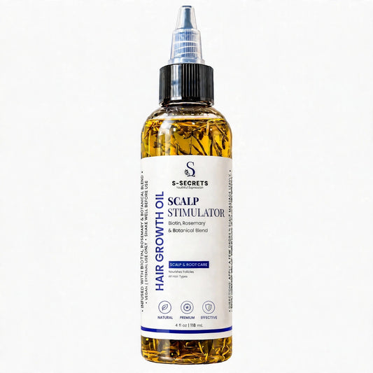 S-Secrets Scalp Stimulator Hair Growth Oil bottle with new label, biotin rosemary and botanical blend