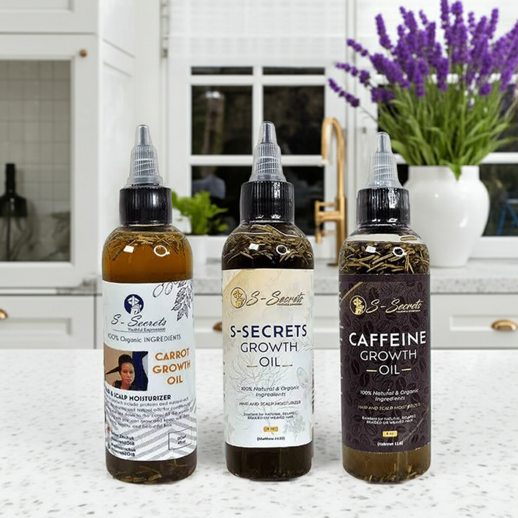 S-Secrets Ultimate Hair Growth Bundle - 3 Bottles x 4oz (12oz total) with Biotin, Ayuverdic Herbs, Essential oils, Saw Palmetto, Scalp Stimulator Oil