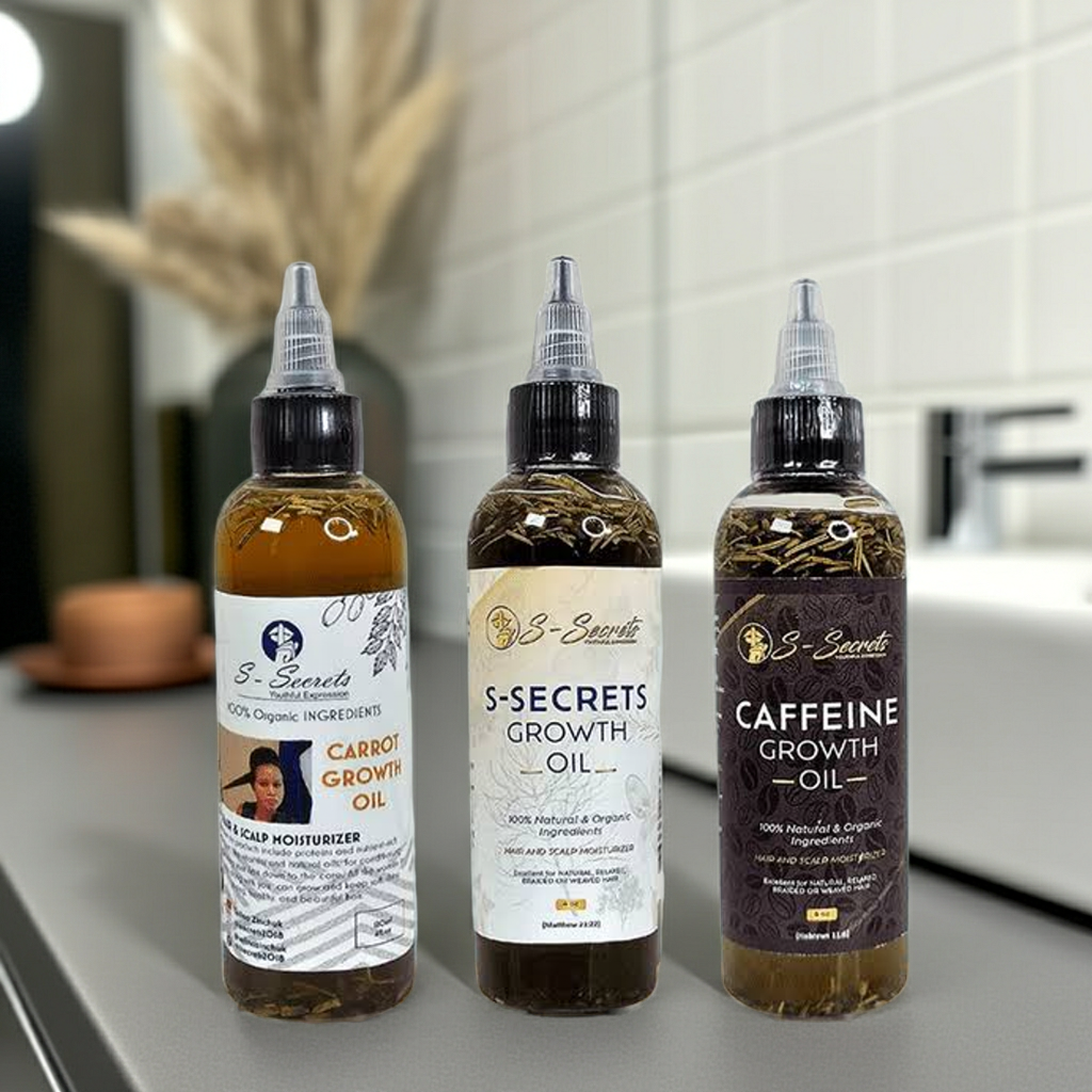 S-Secrets Ultimate Hair Growth Bundle - 3 Bottles x 4oz (12oz total) with Biotin, Ayuverdic Herbs, Essential oils, Saw Palmetto, Scalp Stimulator Oil