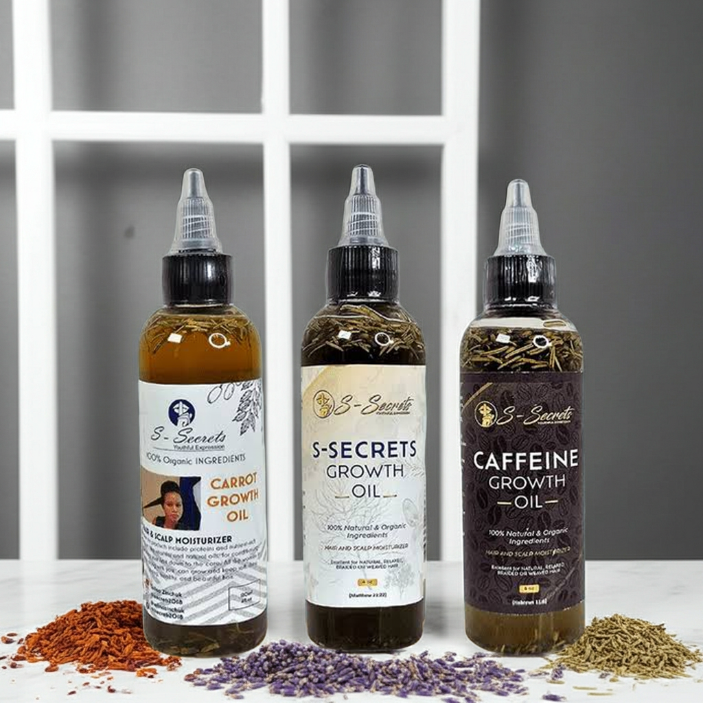 S-Secrets Ultimate Hair Growth Bundle - 3 Bottles x 4oz (12oz total) with Biotin, Ayuverdic Herbs, Essential oils, Saw Palmetto, Scalp Stimulator Oil