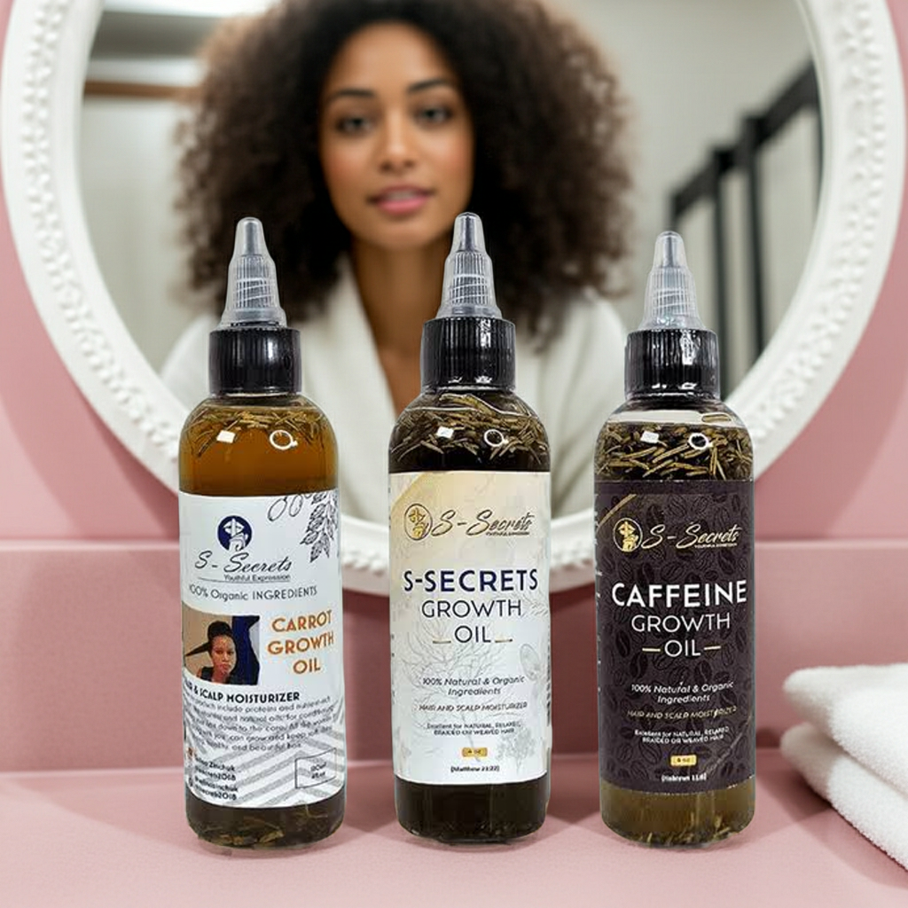 S-Secrets Ultimate Hair Growth Bundle - 3 Bottles x 4oz (12oz total) with Biotin, Ayuverdic Herbs, Essential oils, Saw Palmetto, Scalp Stimulator Oil