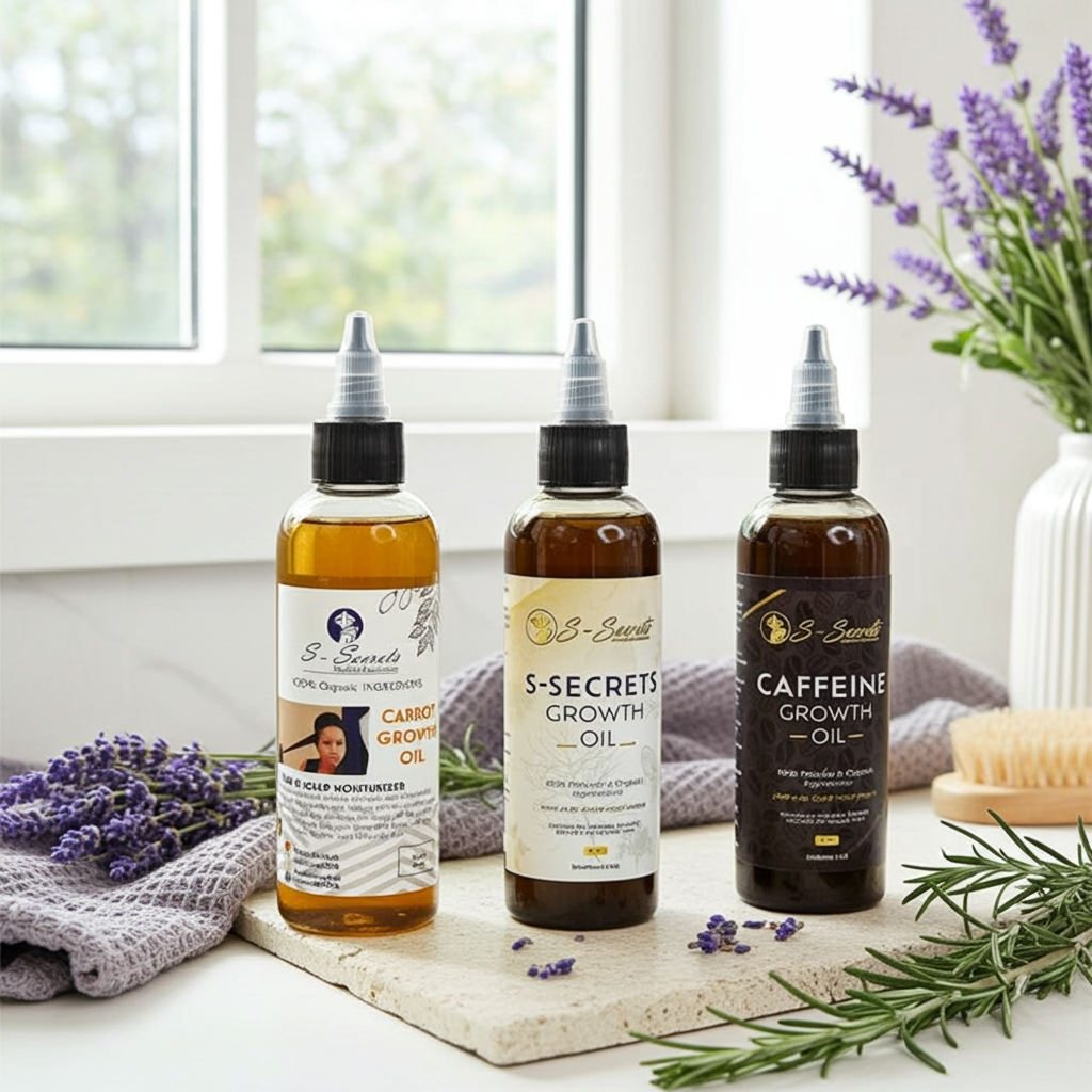 S-Secrets Ultimate Hair Growth Bundle - 3 Bottles x 4oz (12oz total) with Biotin, Ayuverdic Herbs, Essential oils, Saw Palmetto, Scalp Stimulator Oil