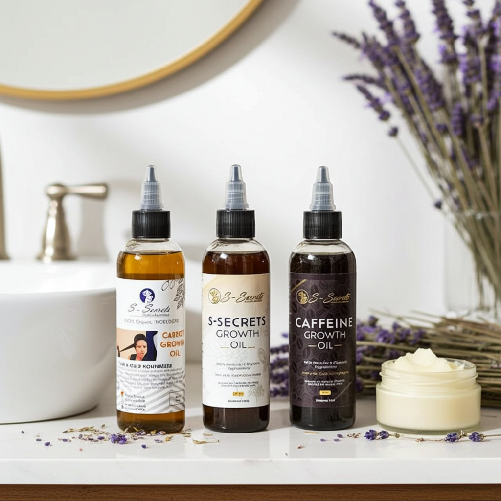 S-Secrets Ultimate Hair Growth Bundle - 3 Bottles x 4oz (12oz total) with Biotin, Ayuverdic Herbs, Essential oils, Saw Palmetto, Scalp Stimulator Oil