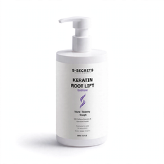 S-Secrets Keratin Root Lift Conditioner bottle front on white, 390 ml pump bottle with caffeine, rosemary and hydrolyzed keratin for volume, thickening and strength. Smooths, detangles and strengthens.