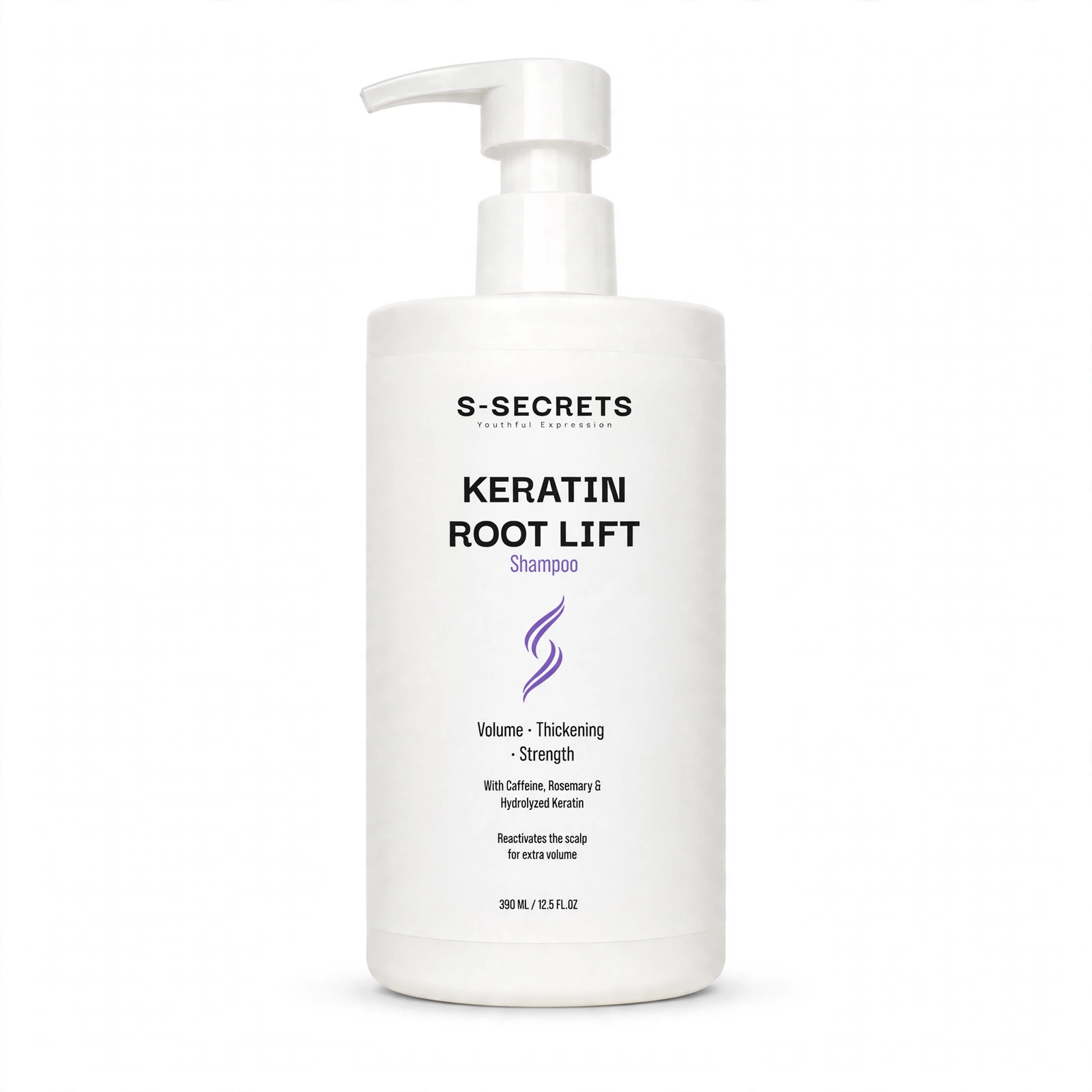 S-Secrets Keratin Root Lift Shampoo bottle front on white, 390 ml pump bottle with caffeine, rosemary and hydrolyzed keratin for volume, thickening and strength