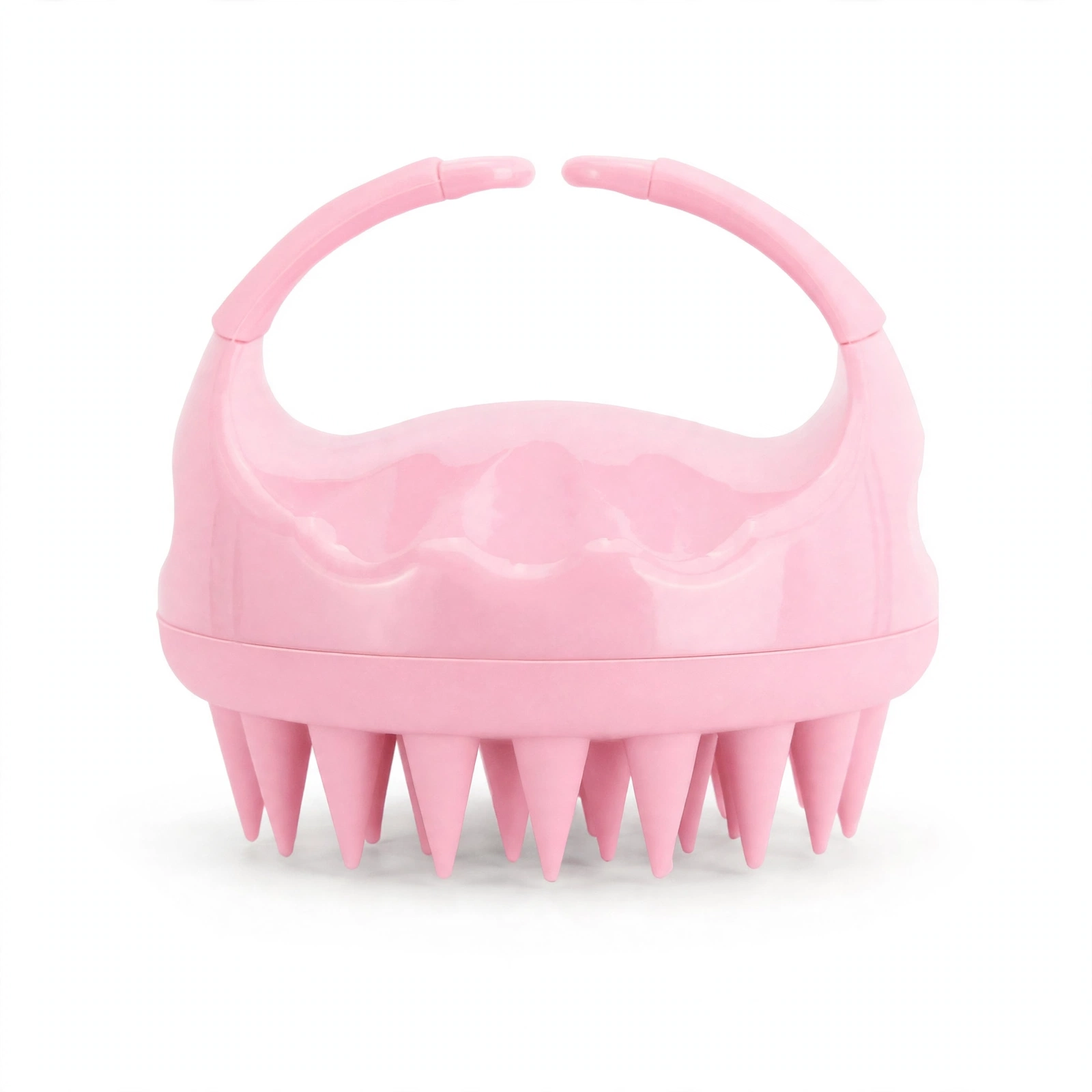 S-Secrets Scalp Massager Shampoo Brush with soft silicone bristles, pink palm grip brush on white background