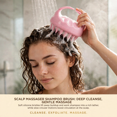 Woman massaging her scalp in the shower with the S-Secrets Scalp Massager Shampoo Brush and rich shampoo lather